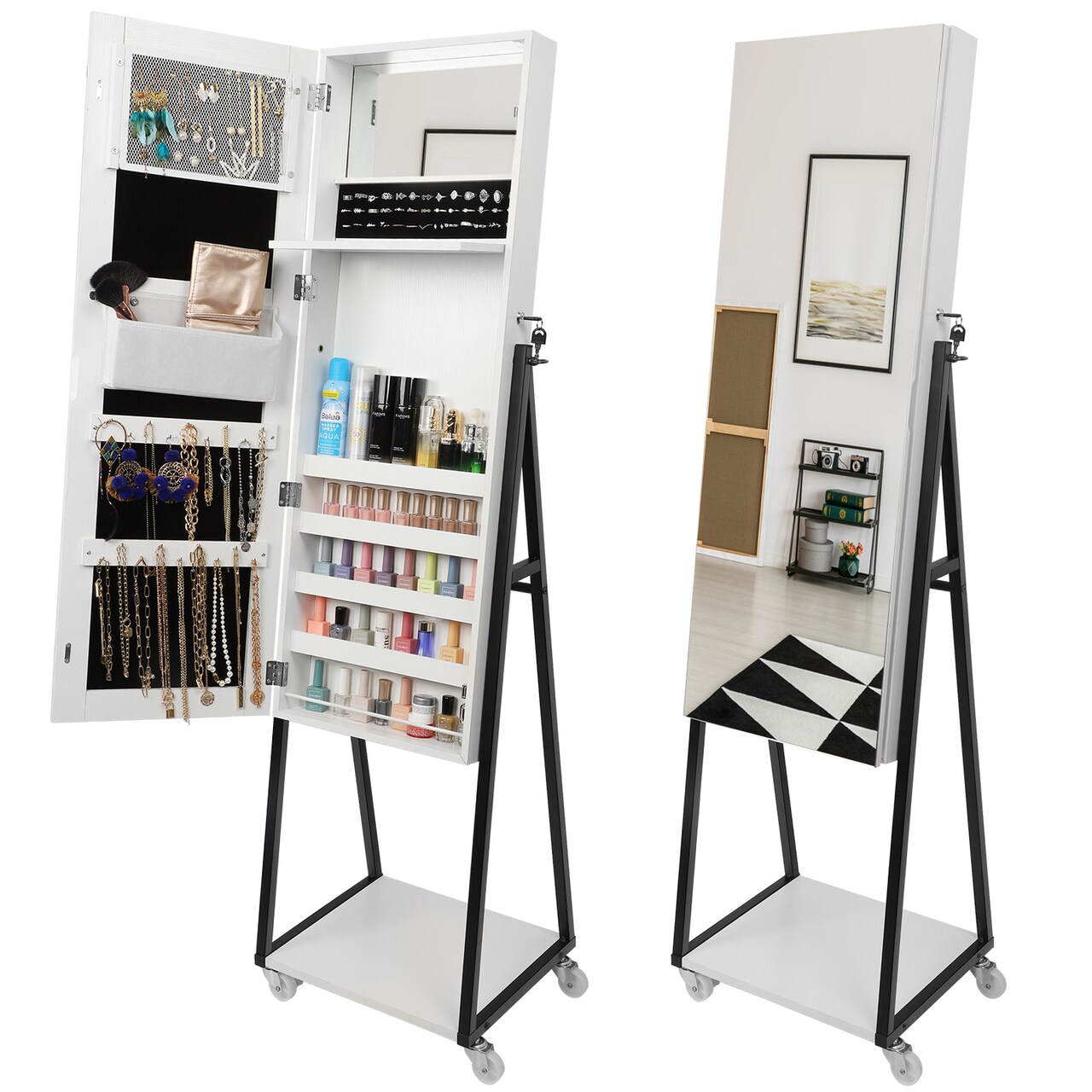 All-In-One Standing Makeup Jewelry Mirror Cabinet, White Lockable Full Length Vanity Mirror Organizer with Rolling Casters